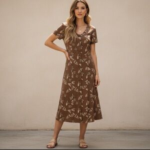 Vintage Cocoon Silk Brown Geometric Midi  Fit and Flare Tea Dress Size 8